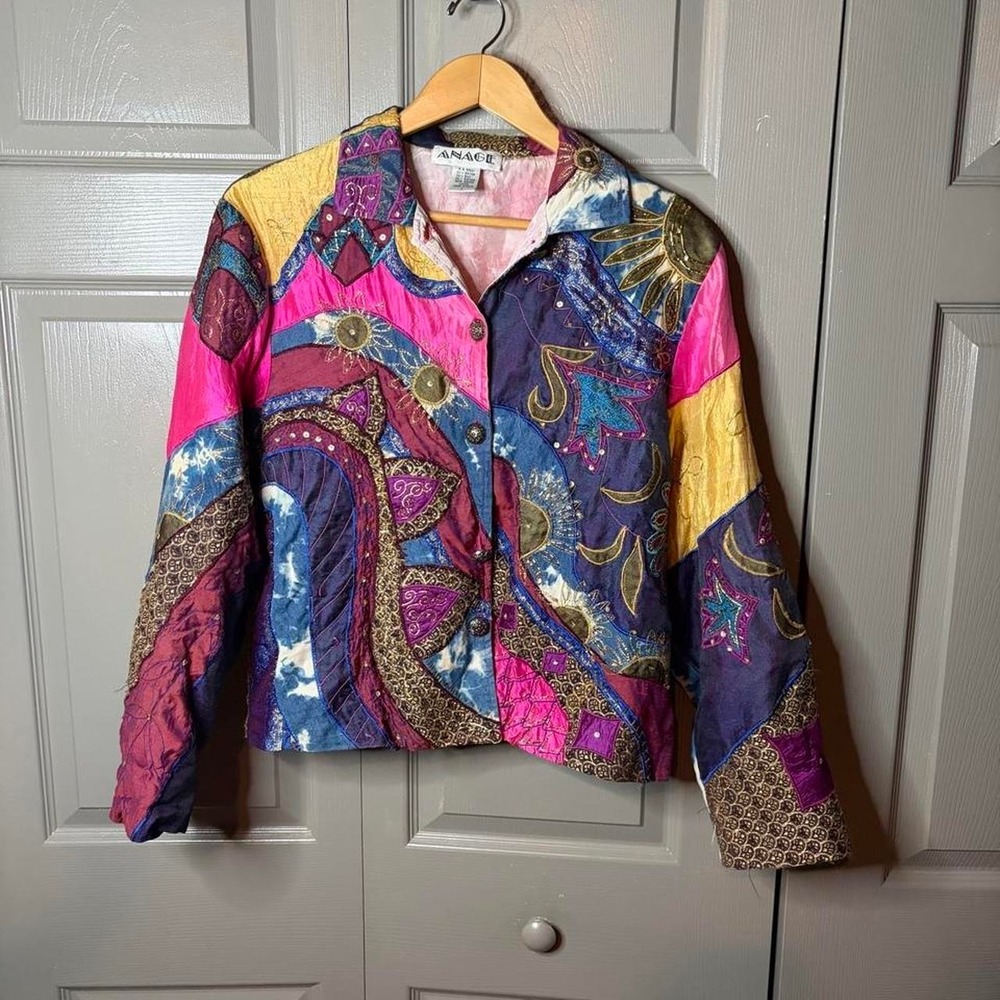 Vintage Anage Patchwork Jacket Womens Large Sun Moon Celestial Sequin Silk Blend